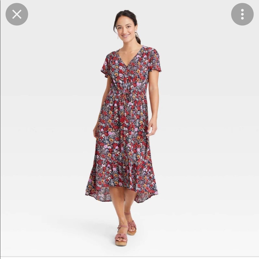 Knox Rose: navy floral flutter sleeve midi dress (size medium)